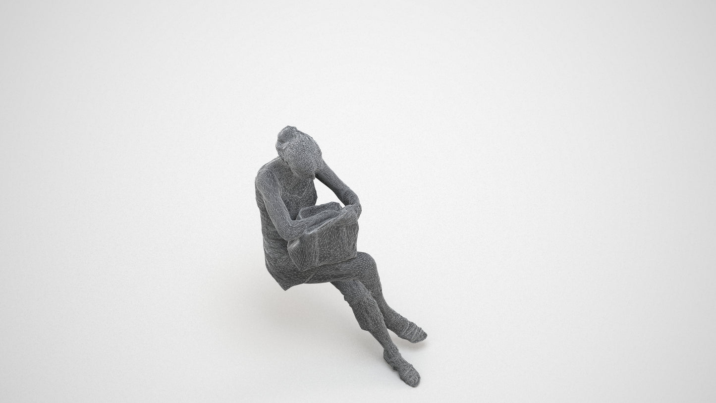 3D scanned senior woman sitting casual, photorealistic archviz people for Enscape and SketchUp, wireframe three-quarter view