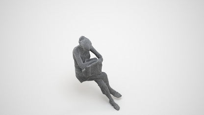 3D scanned senior woman sitting casual, photorealistic archviz people for Enscape and SketchUp, wireframe three-quarter view