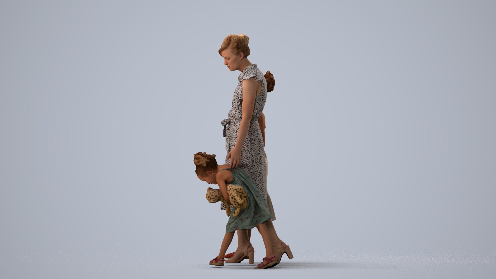 3D human model girl casual kids, photogrammetry scanned person for archviz, three-quarter view render