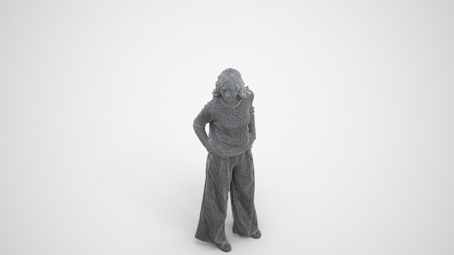 scanned 3D woman casual standing, photogrammetry people for Enscape and V-Ray, wireframe three-quarter view