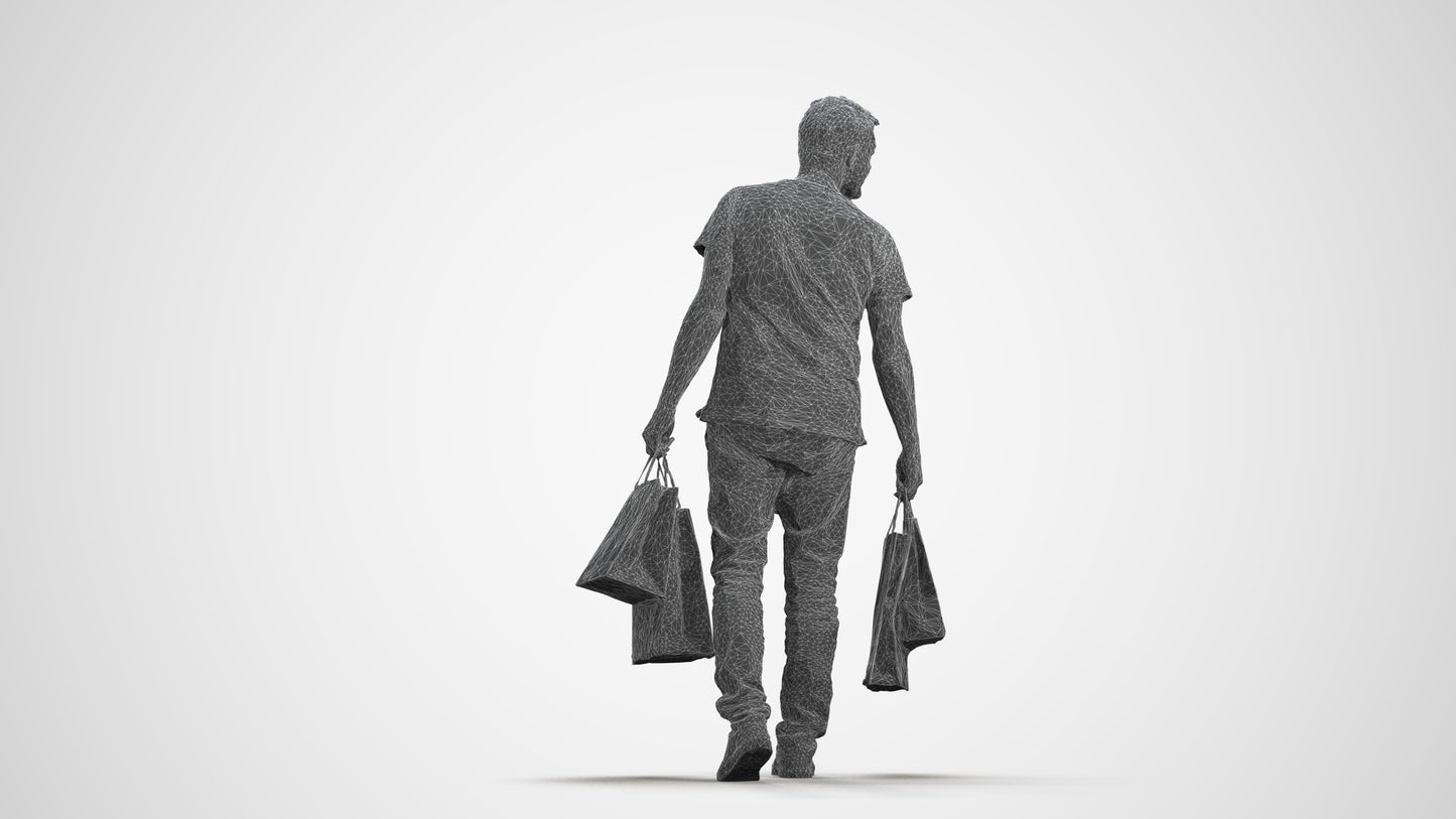 scanned 3D senior man casual shopping, photogrammetry people for Enscape and V-Ray, wireframe front view