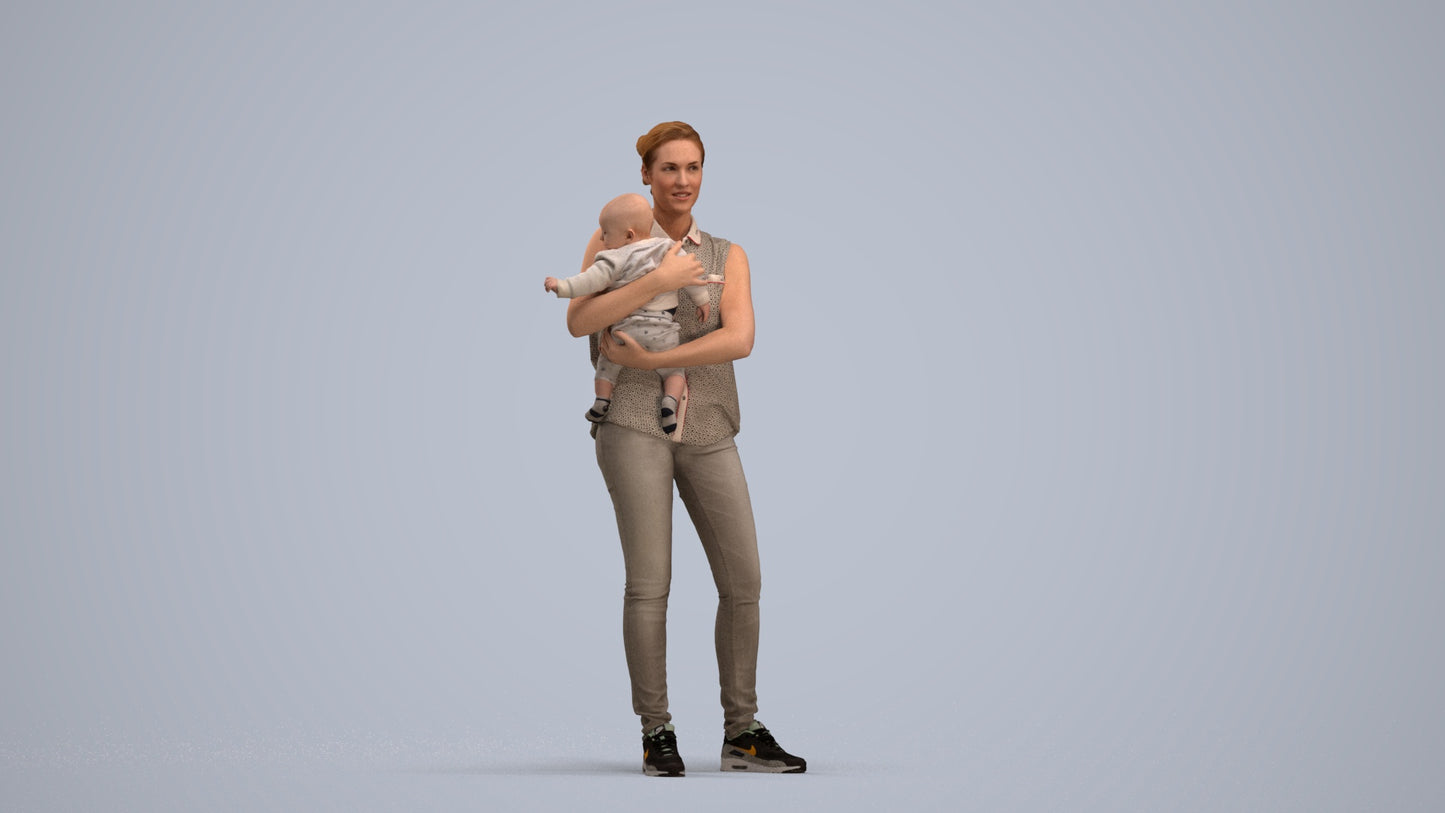 realistic 3D people woman casual kids, render-ready for V-Ray and Corona, FBX OBJ, standing pose render