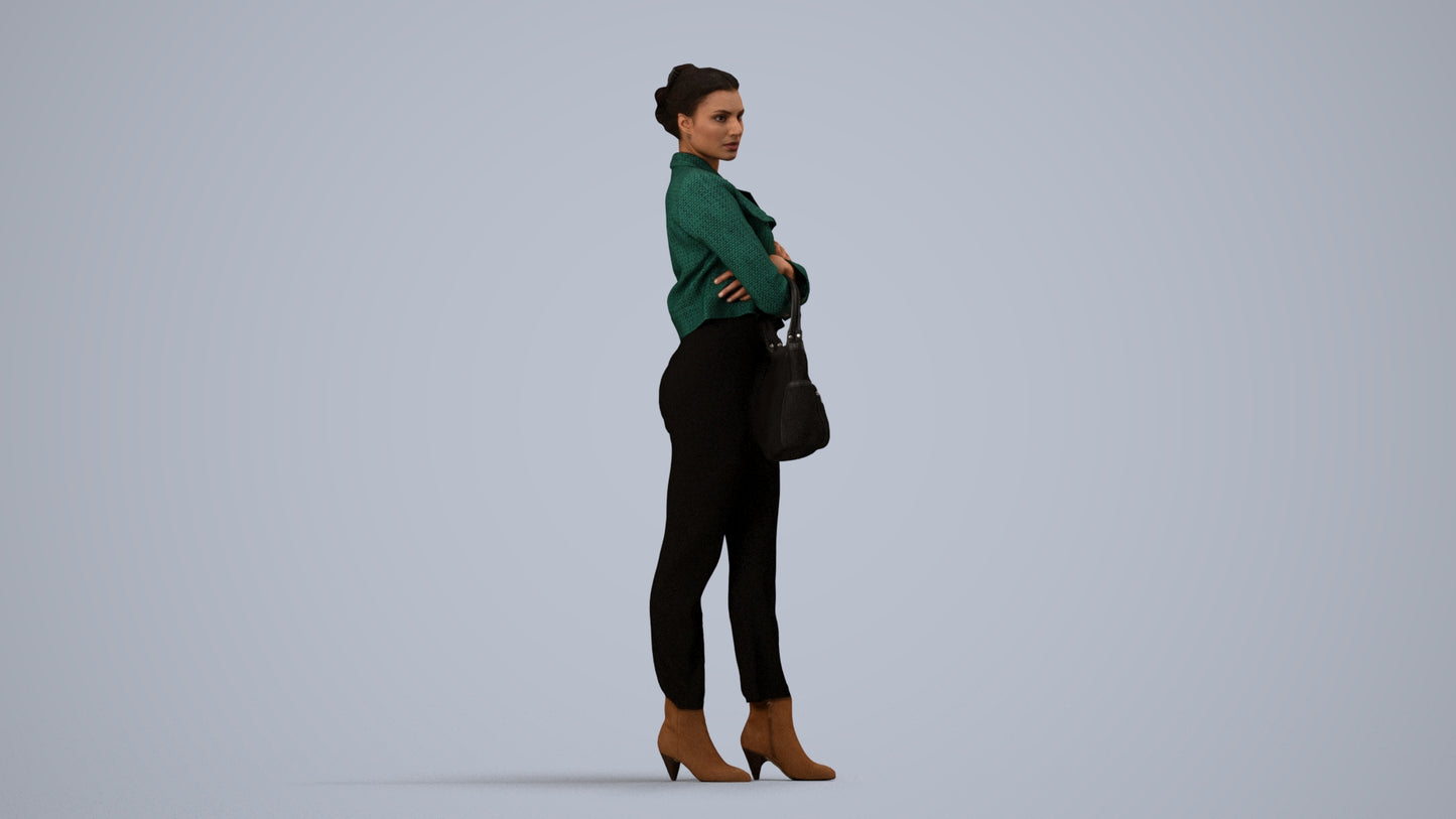3D human model woman business standing, photogrammetry scanned person for archviz, side view render