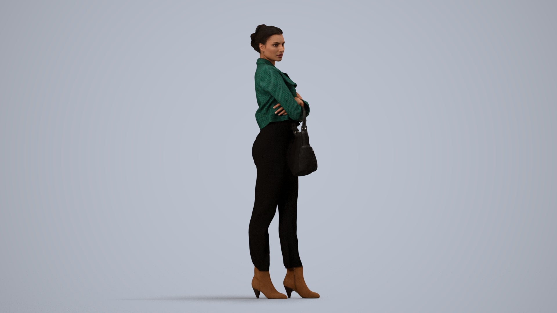 3D human model woman business standing, photogrammetry scanned person for archviz, side view render