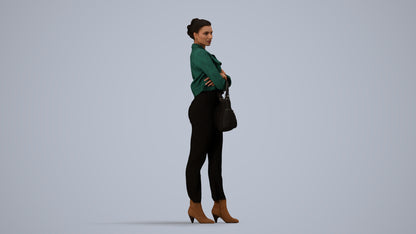 3D human model woman business standing, photogrammetry scanned person for archviz, side view render