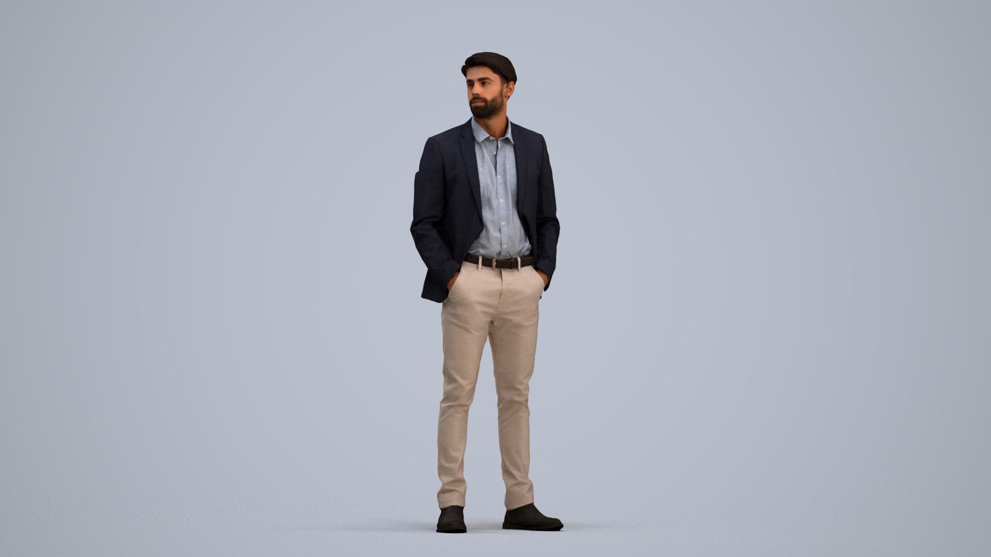 3D human model man business, photogrammetry scanned person for archviz, standing pose render