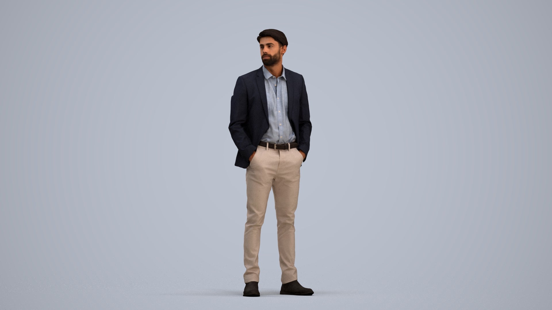 3D human model man business, photogrammetry scanned person for archviz, standing pose render