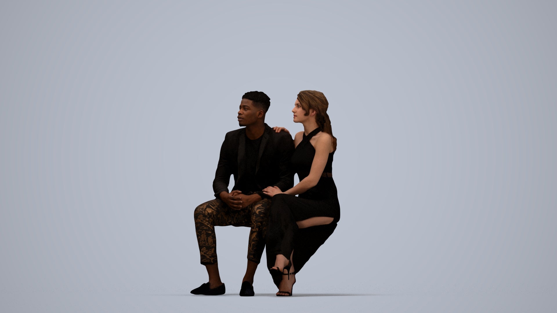 3D people model woman formal couple, scanned human for 3ds Max rendering, top-down view render