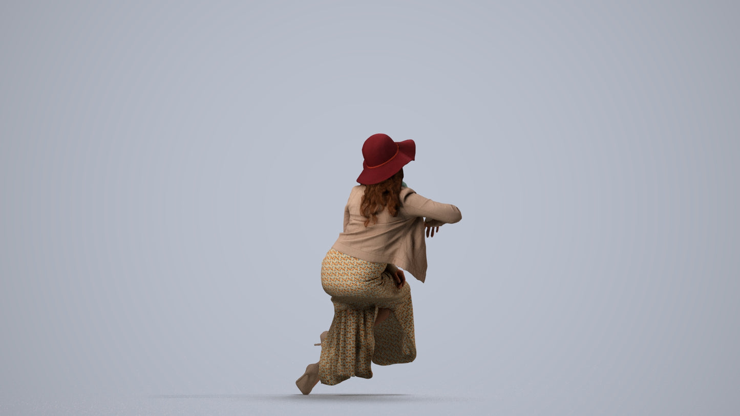realistic 3D human woman casual sitting, archviz people FBX OBJ for Blender, side view render