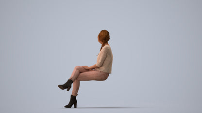 photogrammetry 3D girl business sitting, realistic human model archviz FBX, three-quarter view render