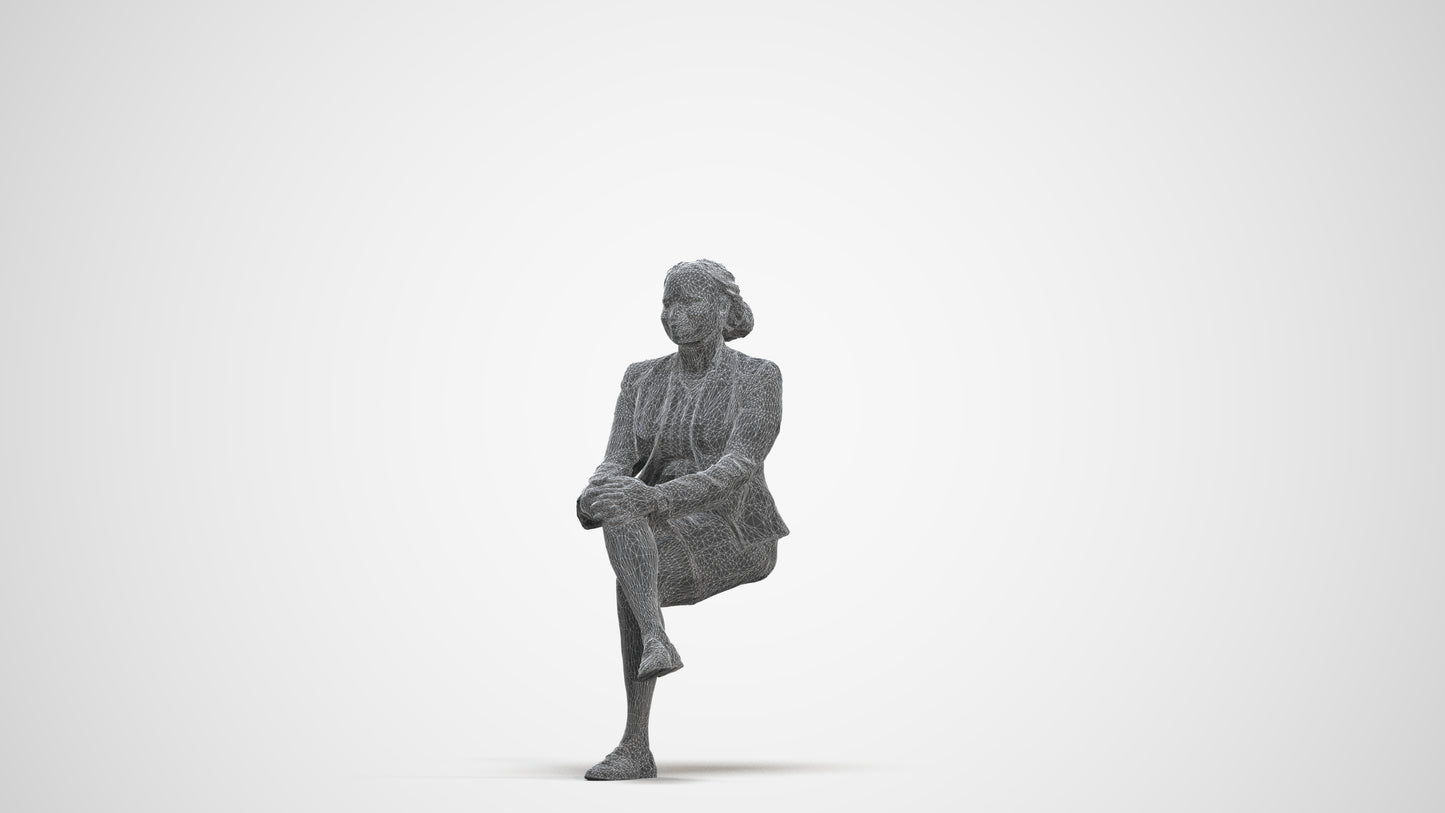 3D human model woman business sitting, photogrammetry scanned person for archviz, three-quarter front view render