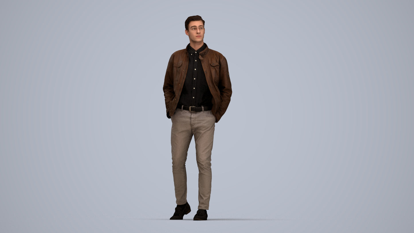 3D human model man casual walking, photogrammetry scanned person for archviz, top-down view render