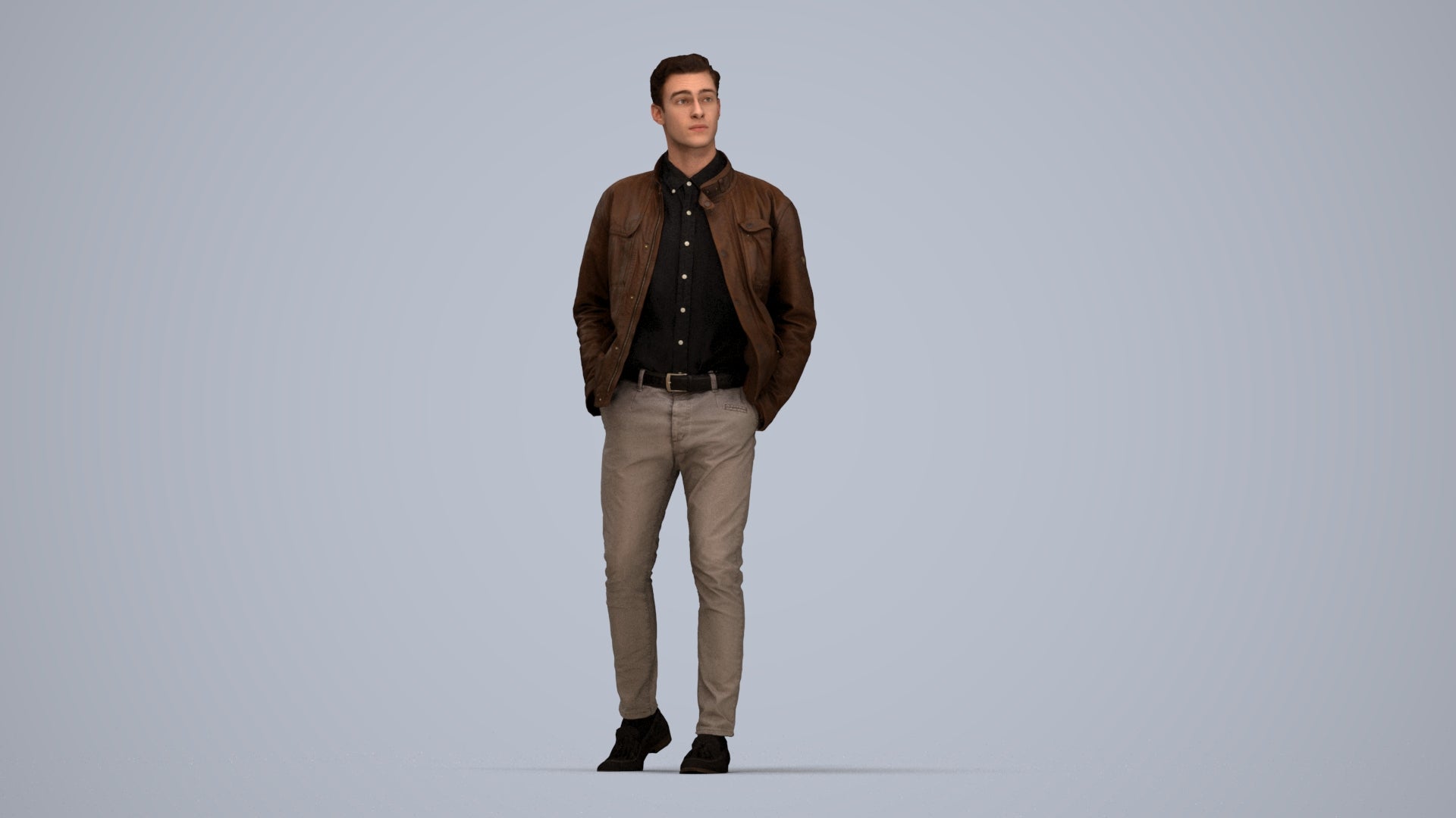 3D human model man casual walking, photogrammetry scanned person for archviz, top-down view render