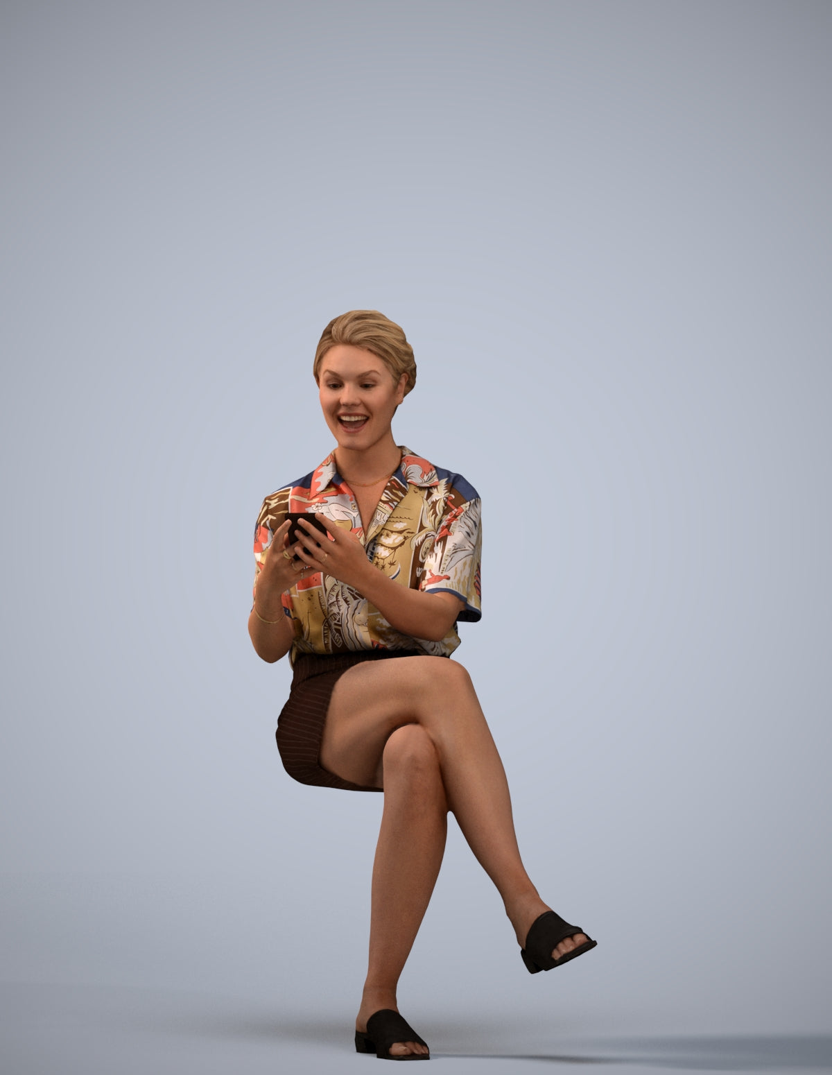 3D scanned woman sitting casual, photorealistic archviz people for Enscape and SketchUp