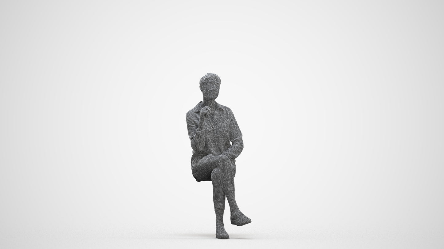realistic 3D senior woman casual sitting, scanned archviz people for Blender and 3ds Max, three-quarter front view render