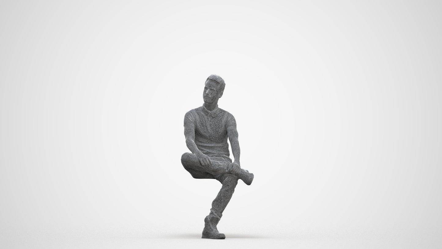realistic 3D man casual sitting, scanned archviz people for Blender and 3ds Max, three-quarter front view render