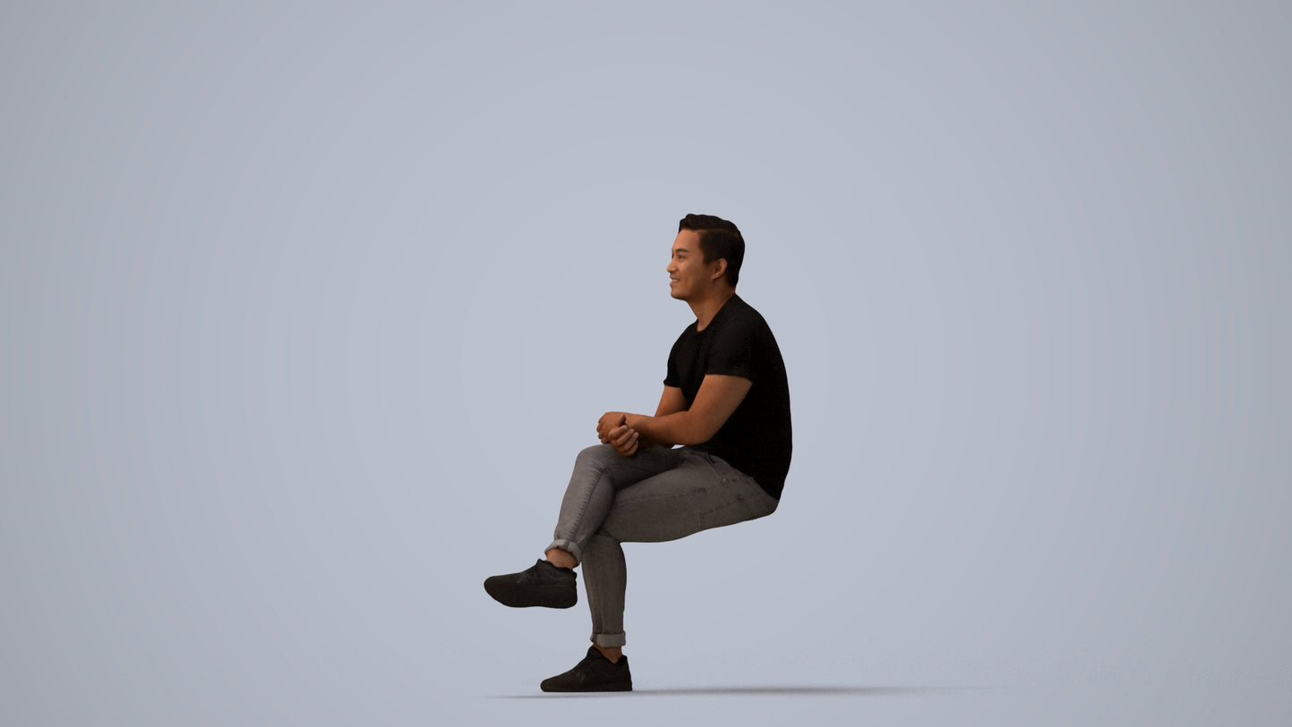 realistic 3D people man casual sitting, render-ready for V-Ray and Corona, FBX OBJ, three-quarter view render