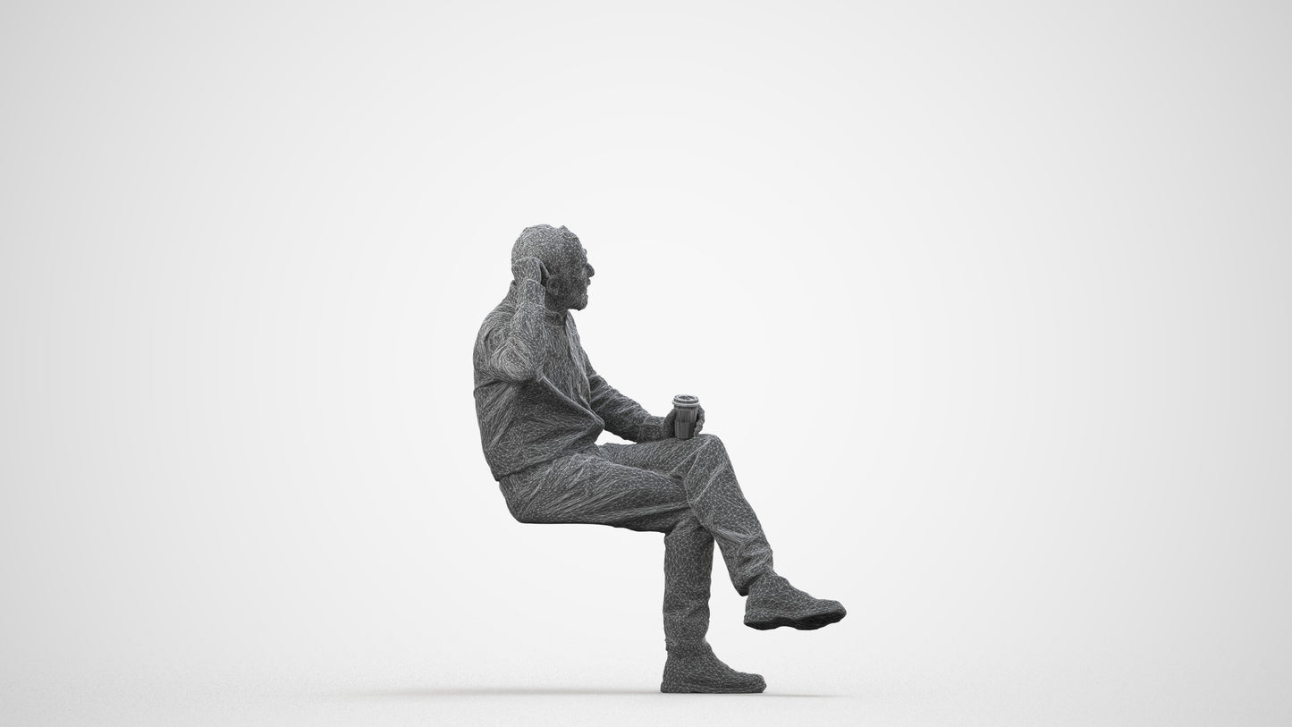 realistic 3D people senior man casual sitting, render-ready for V-Ray and Corona, FBX OBJ, wireframe side view