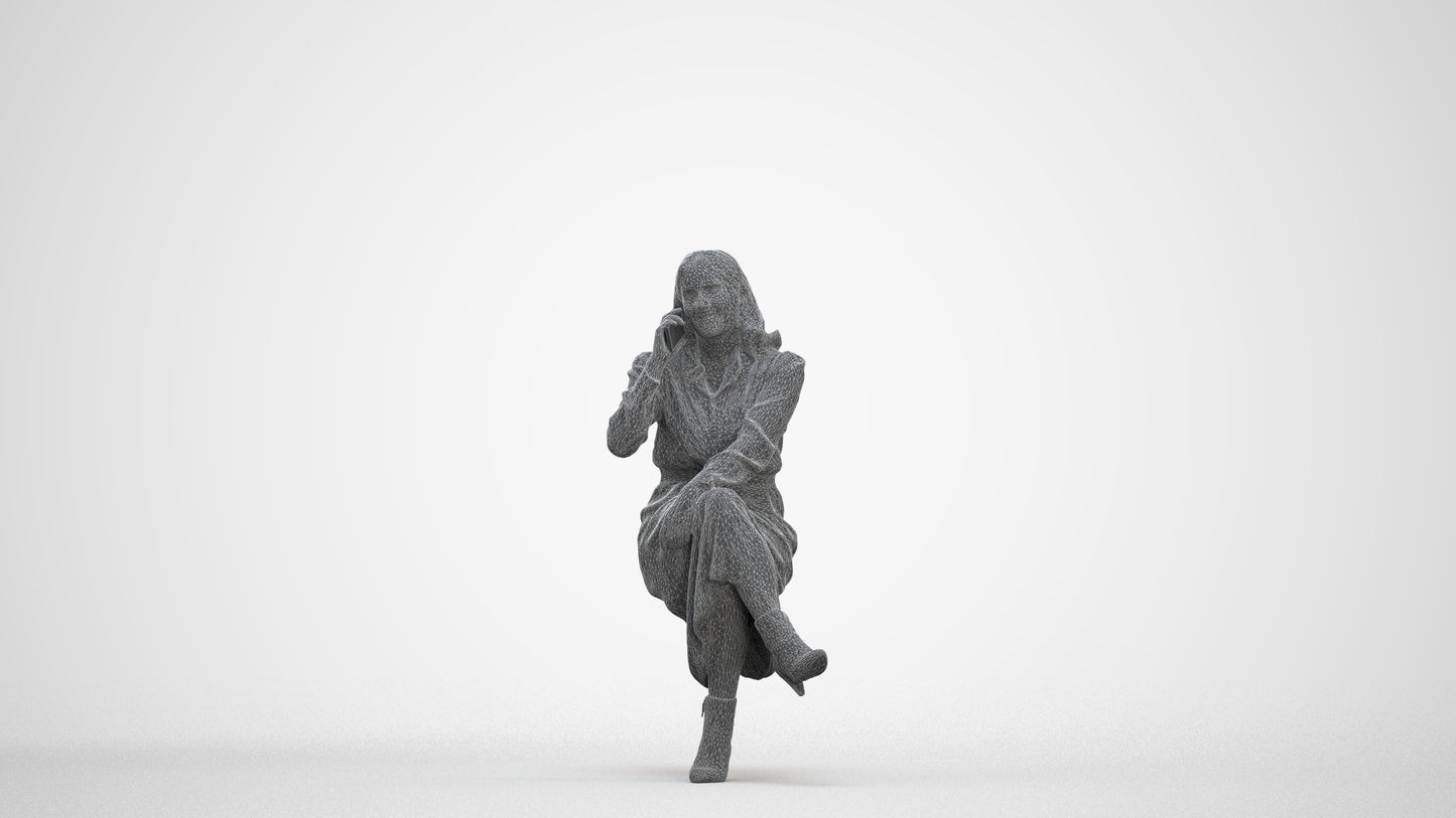 3D scanned woman sitting casual, photorealistic archviz people for Enscape and SketchUp, three-quarter front view render