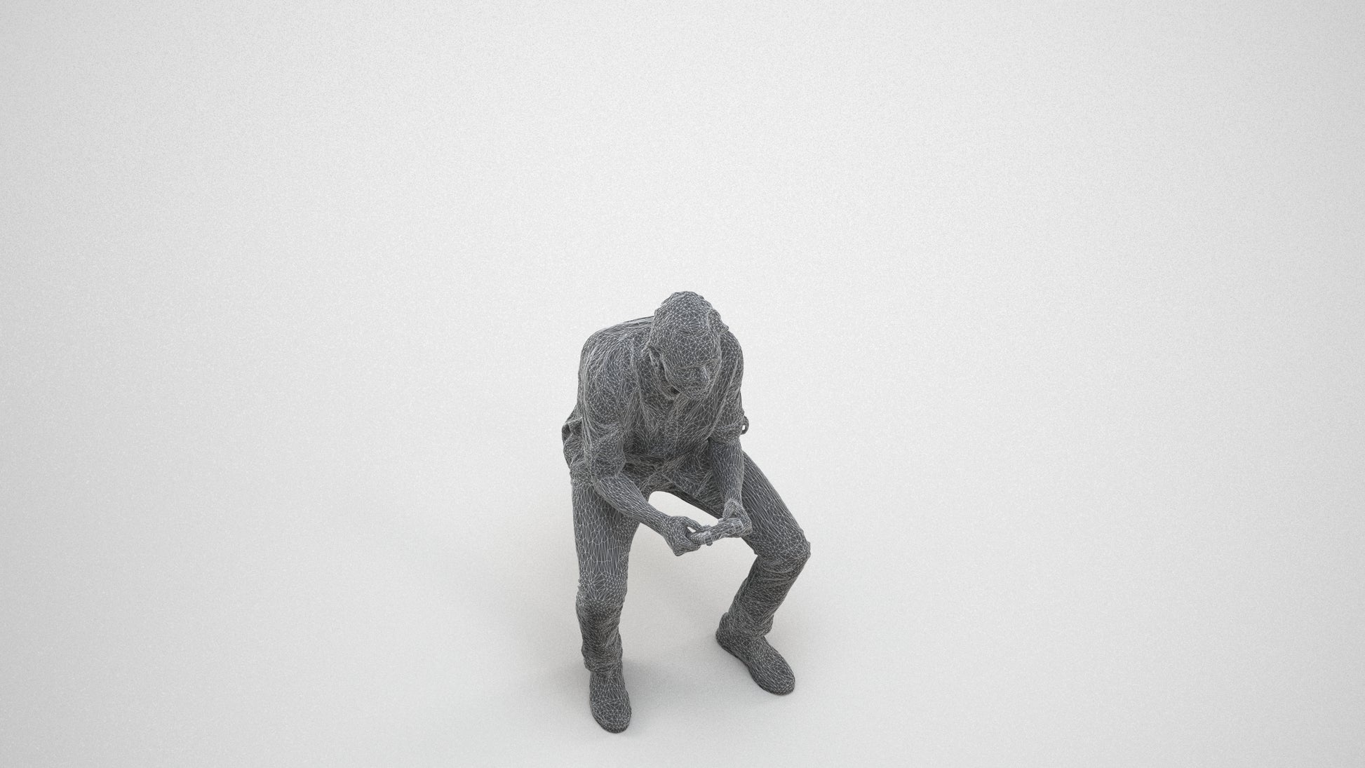 photogrammetry 3D man casual sitting, realistic human model archviz FBX, wireframe three-quarter view