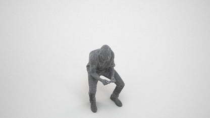 photogrammetry 3D man casual sitting, realistic human model archviz FBX, wireframe three-quarter view