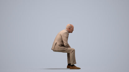 3D human model senior man business sitting, photogrammetry scanned person for archviz, side view render