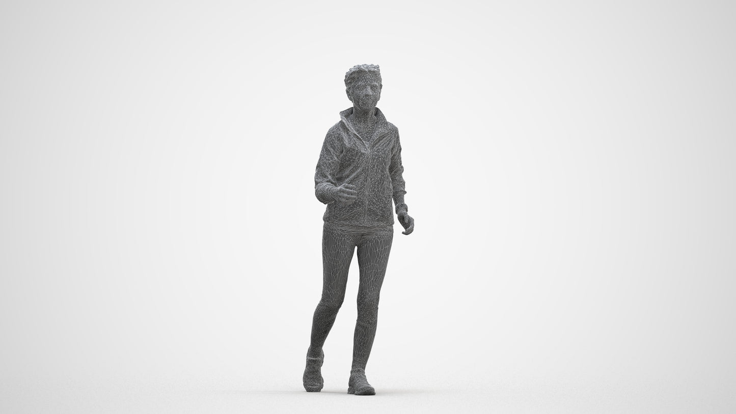 3D human model woman sport, photogrammetry scanned person for archviz, three-quarter front view render