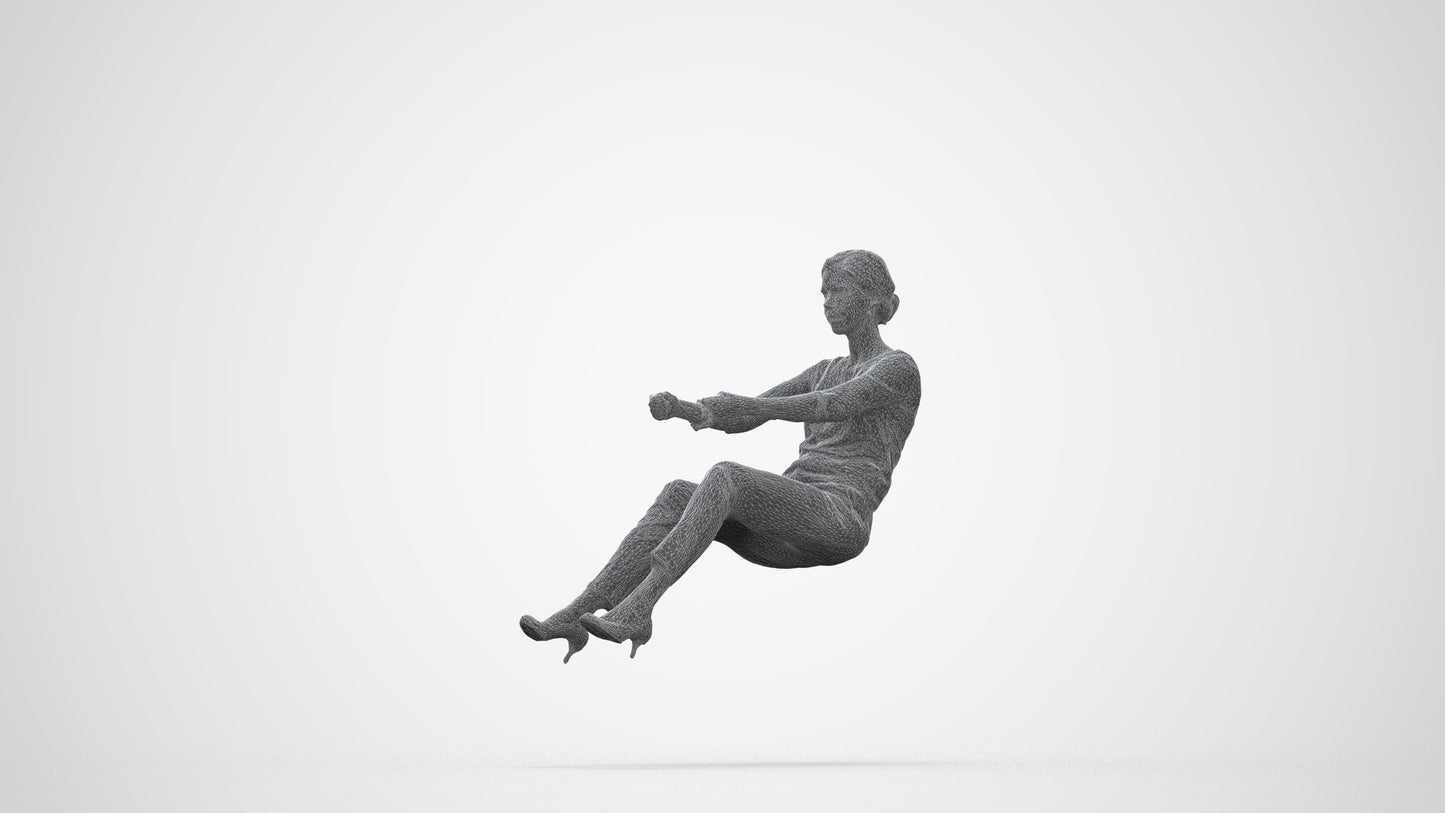 3D human model woman casual driving, photogrammetry scanned person for archviz, wireframe back view