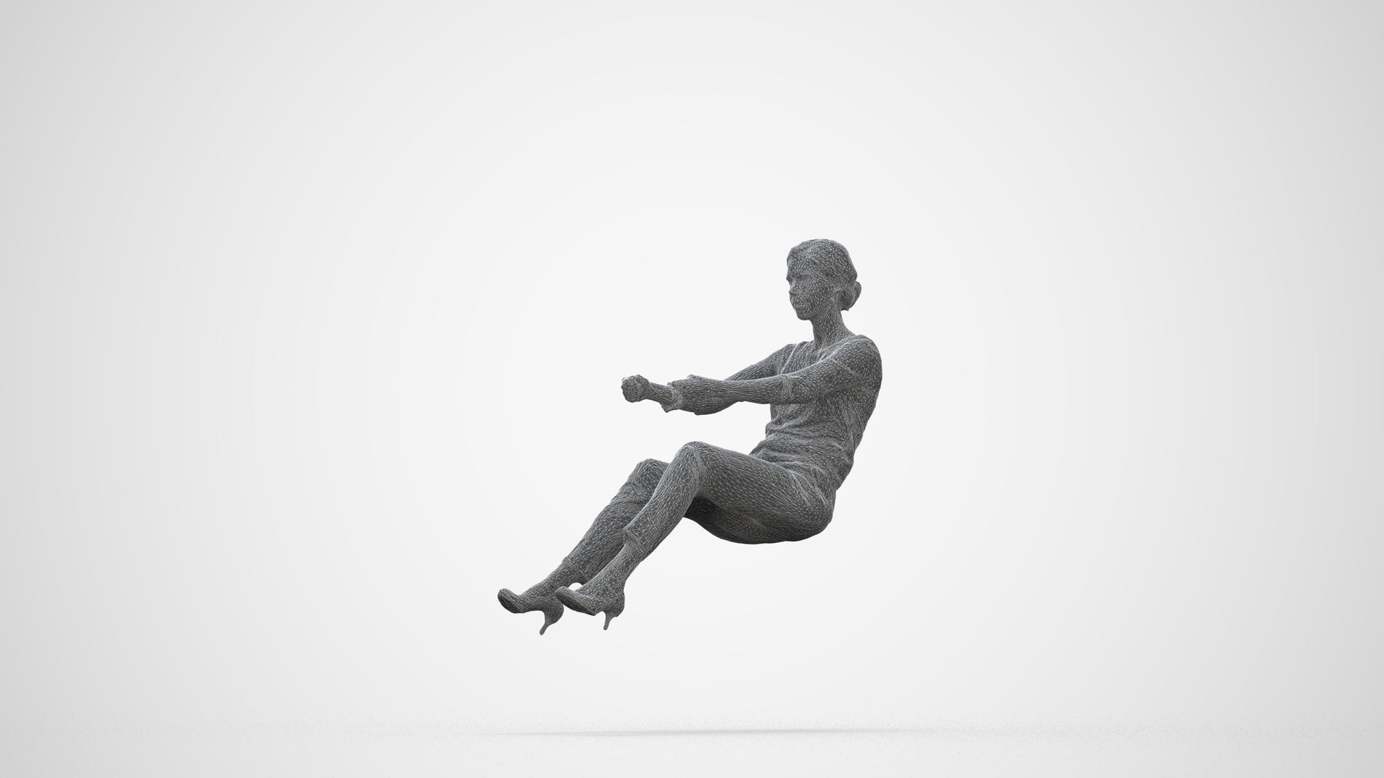 3D human model woman casual driving, photogrammetry scanned person for archviz, wireframe back view