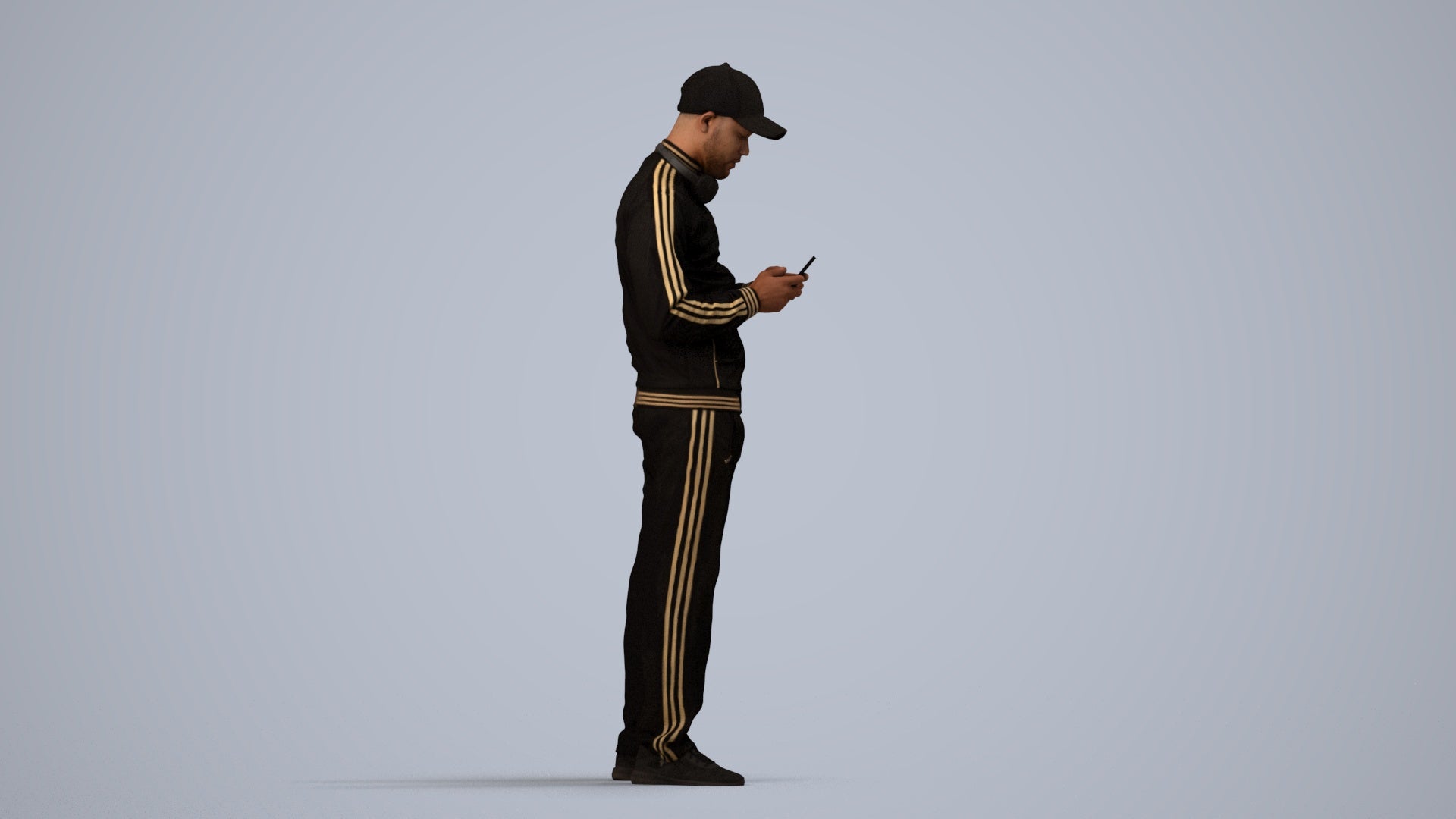 3D human model man sport standing, photogrammetry scanned person for archviz, side view render