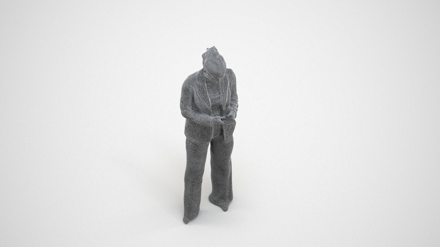 3D human model woman business standing, photogrammetry scanned person for archviz, wireframe three-quarter view