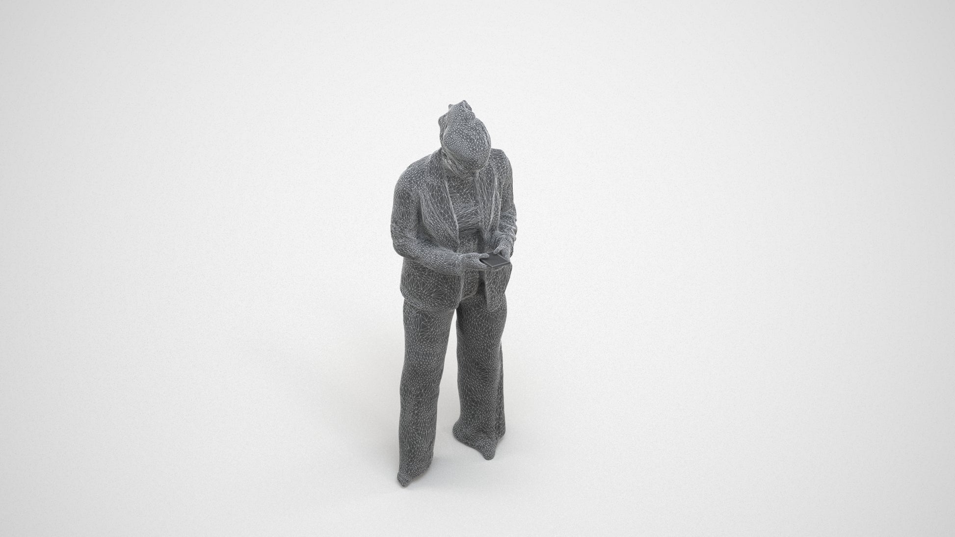3D human model woman business standing, photogrammetry scanned person for archviz, wireframe three-quarter view
