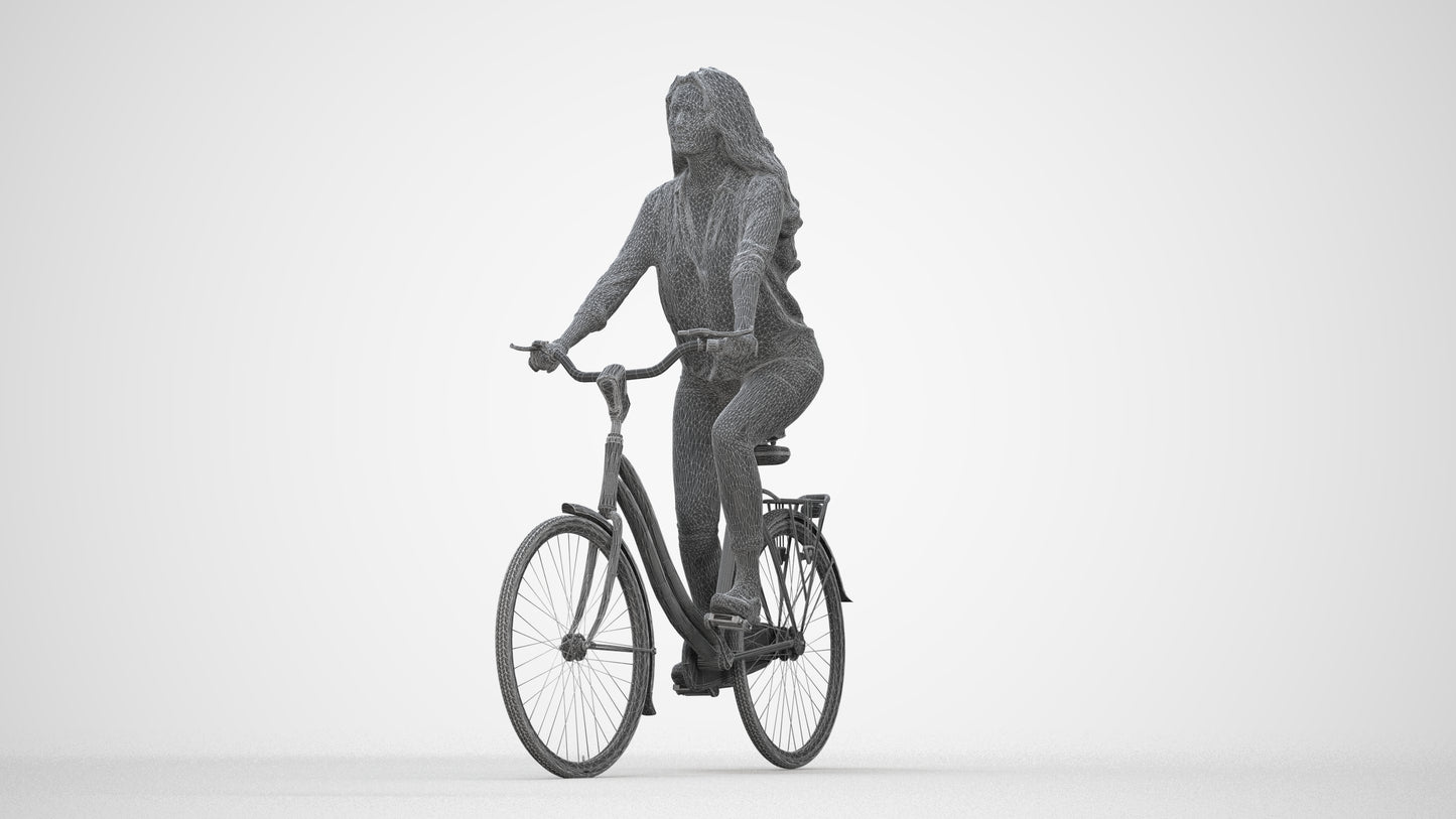 3D scanned woman cycling, photorealistic archviz people for Enscape and SketchUp, wireframe back view