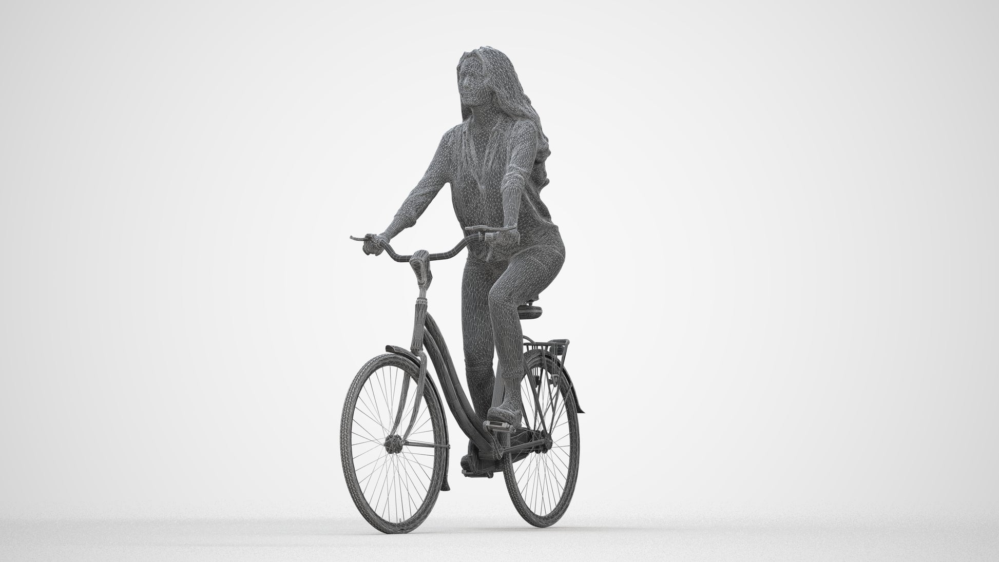 3D scanned woman cycling, photorealistic archviz people for Enscape and SketchUp, wireframe back view