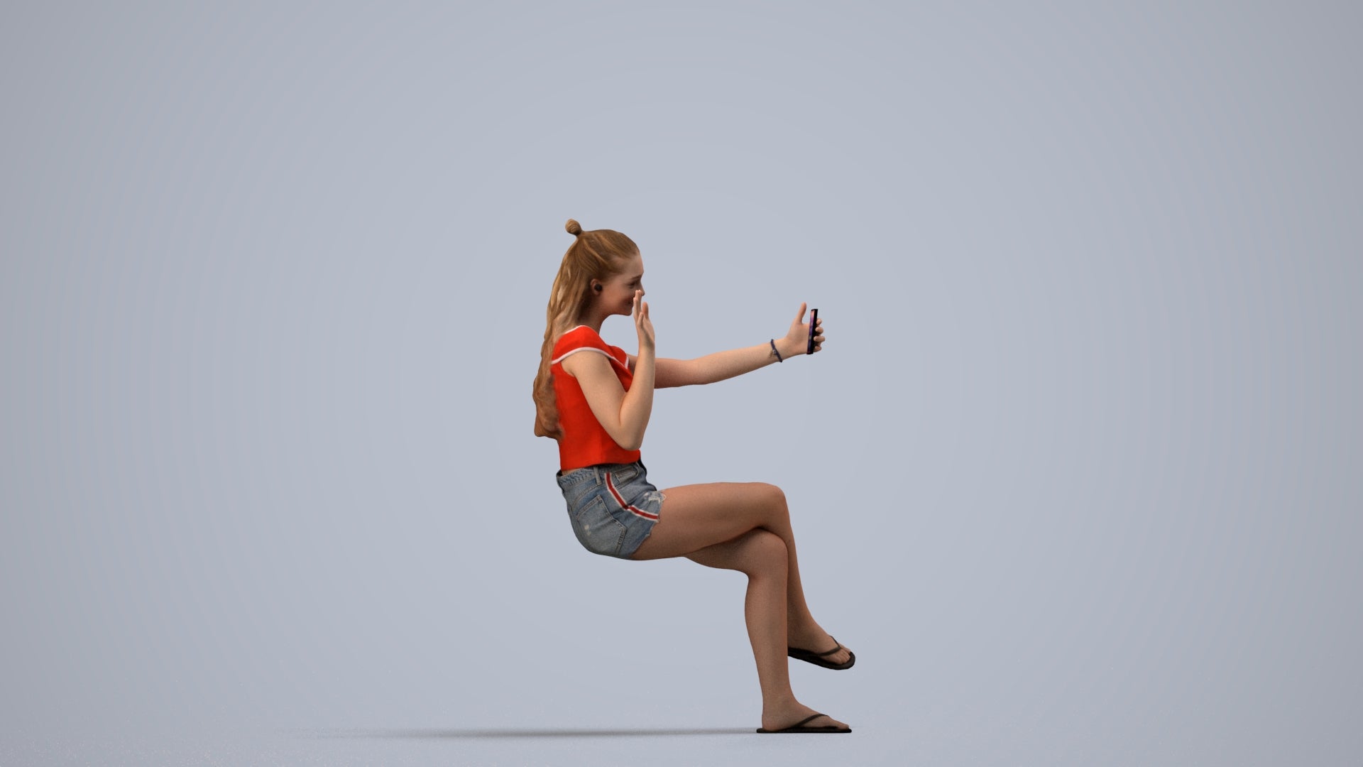 realistic 3D human girl casual sitting, archviz people FBX OBJ for Blender, side view render