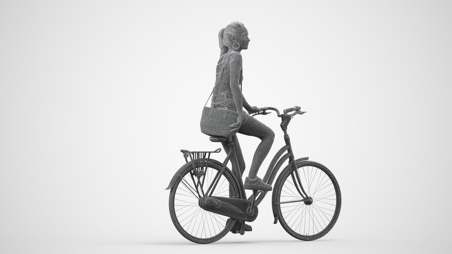 3D people model woman casual cycling, scanned human for 3ds Max rendering, wireframe side view