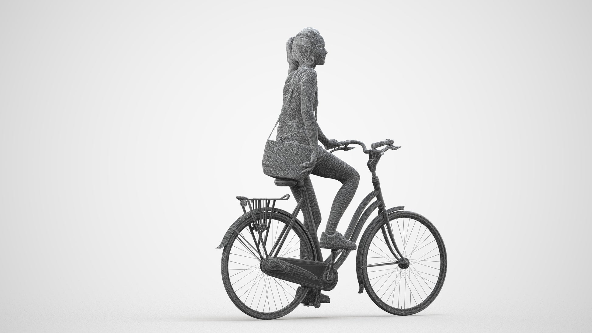 3D people model woman casual cycling, scanned human for 3ds Max rendering, wireframe side view