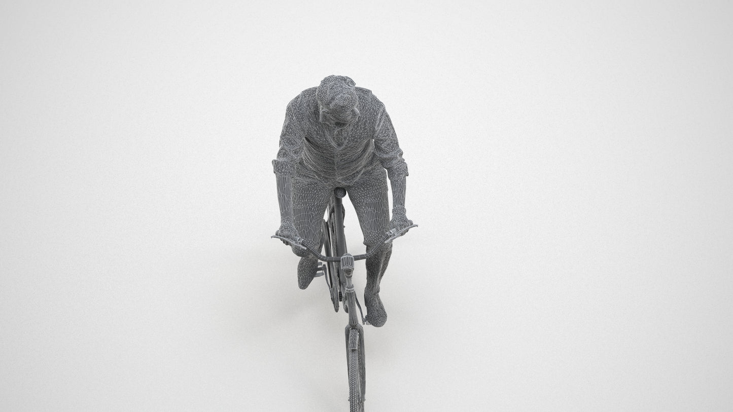 realistic 3D man business cycling, scanned archviz people for Blender and 3ds Max, wireframe three-quarter view
