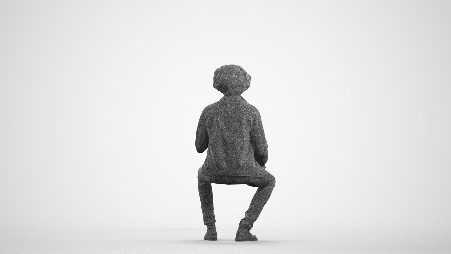scanned 3D man casual sitting, photogrammetry people for Enscape and V-Ray, wireframe front view