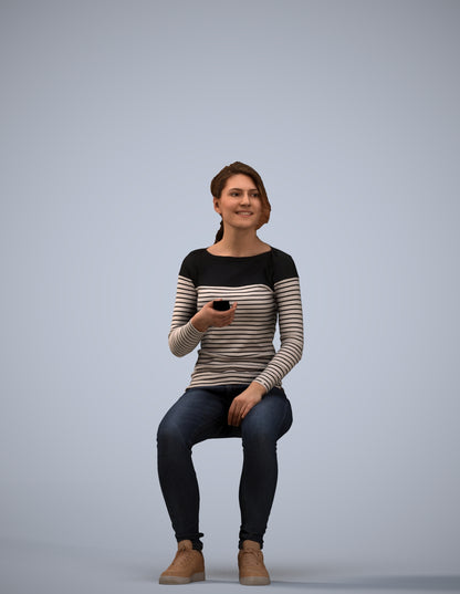 scanned 3D woman casual sitting, photogrammetry people for Enscape and V-Ray