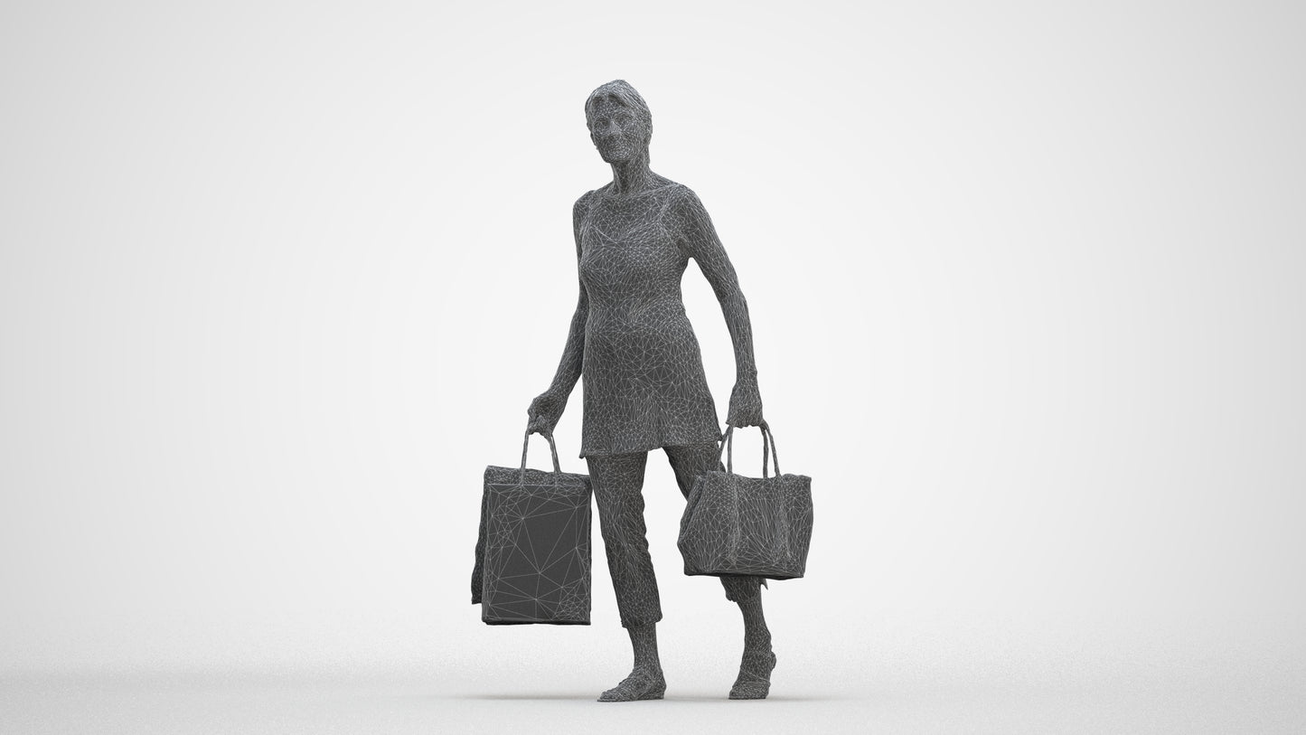 3D human model senior woman casual shopping, photogrammetry scanned person for archviz, three-quarter front view render