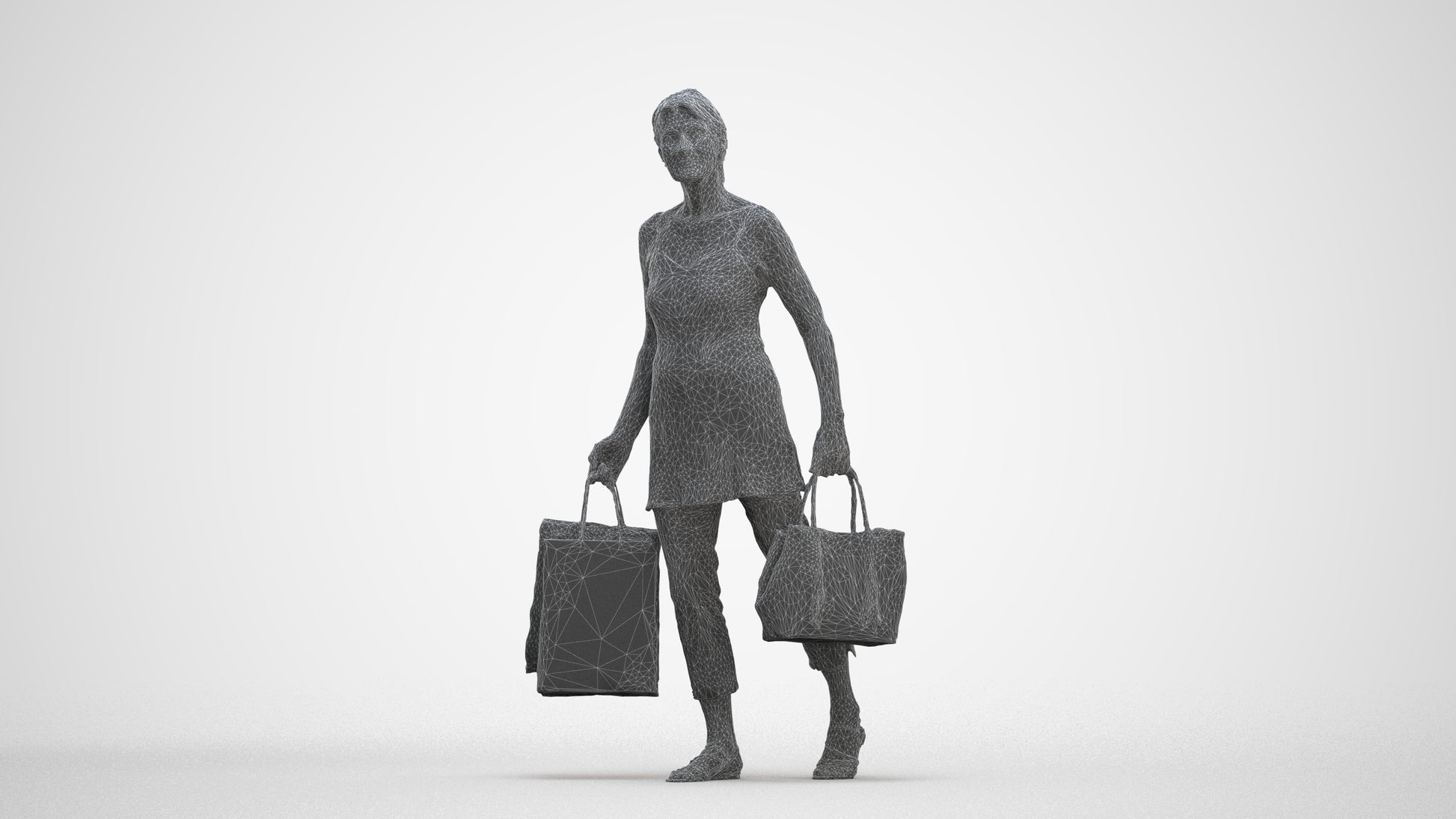 3D human model senior woman casual shopping, photogrammetry scanned person for archviz, three-quarter front view render
