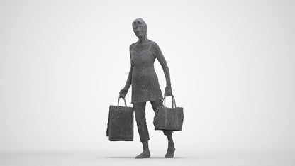 3D human model senior woman casual shopping, photogrammetry scanned person for archviz, three-quarter front view render