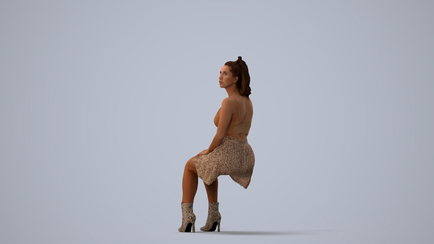 scanned 3D woman casual sitting, photogrammetry people for Enscape and V-Ray, three-quarter view render