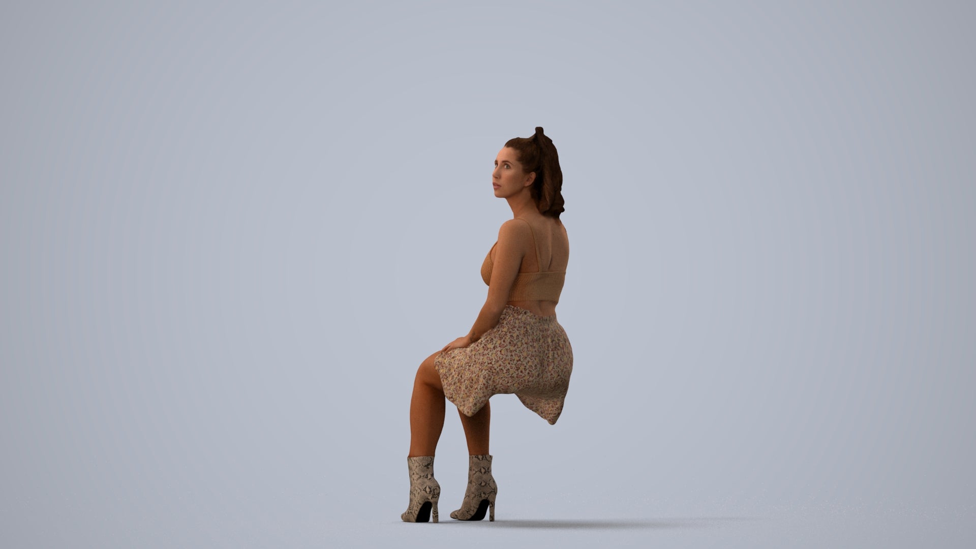 scanned 3D woman casual sitting, photogrammetry people for Enscape and V-Ray, three-quarter view render