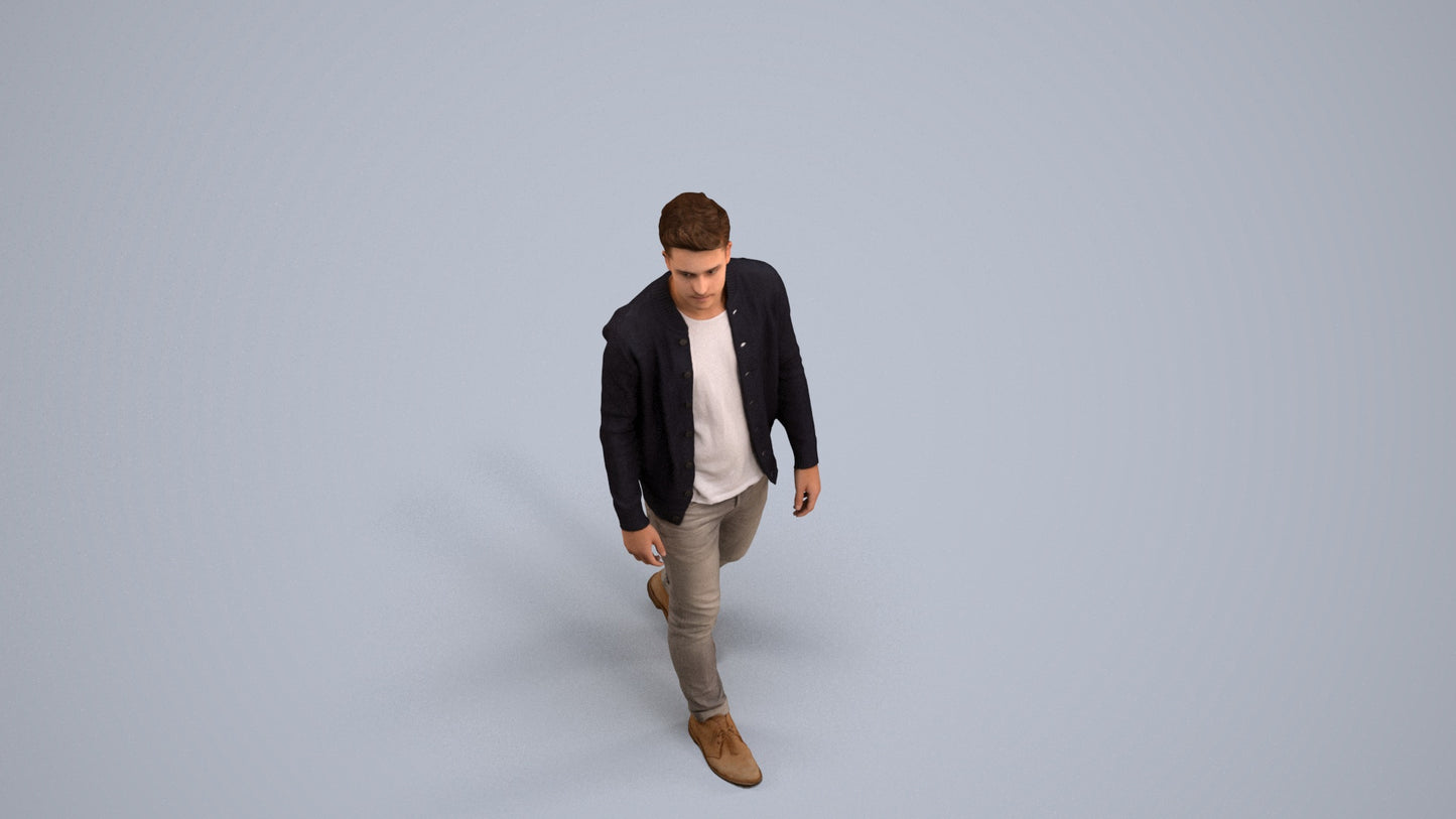 realistic 3D human man casual walking, archviz people FBX OBJ for Blender, back view render