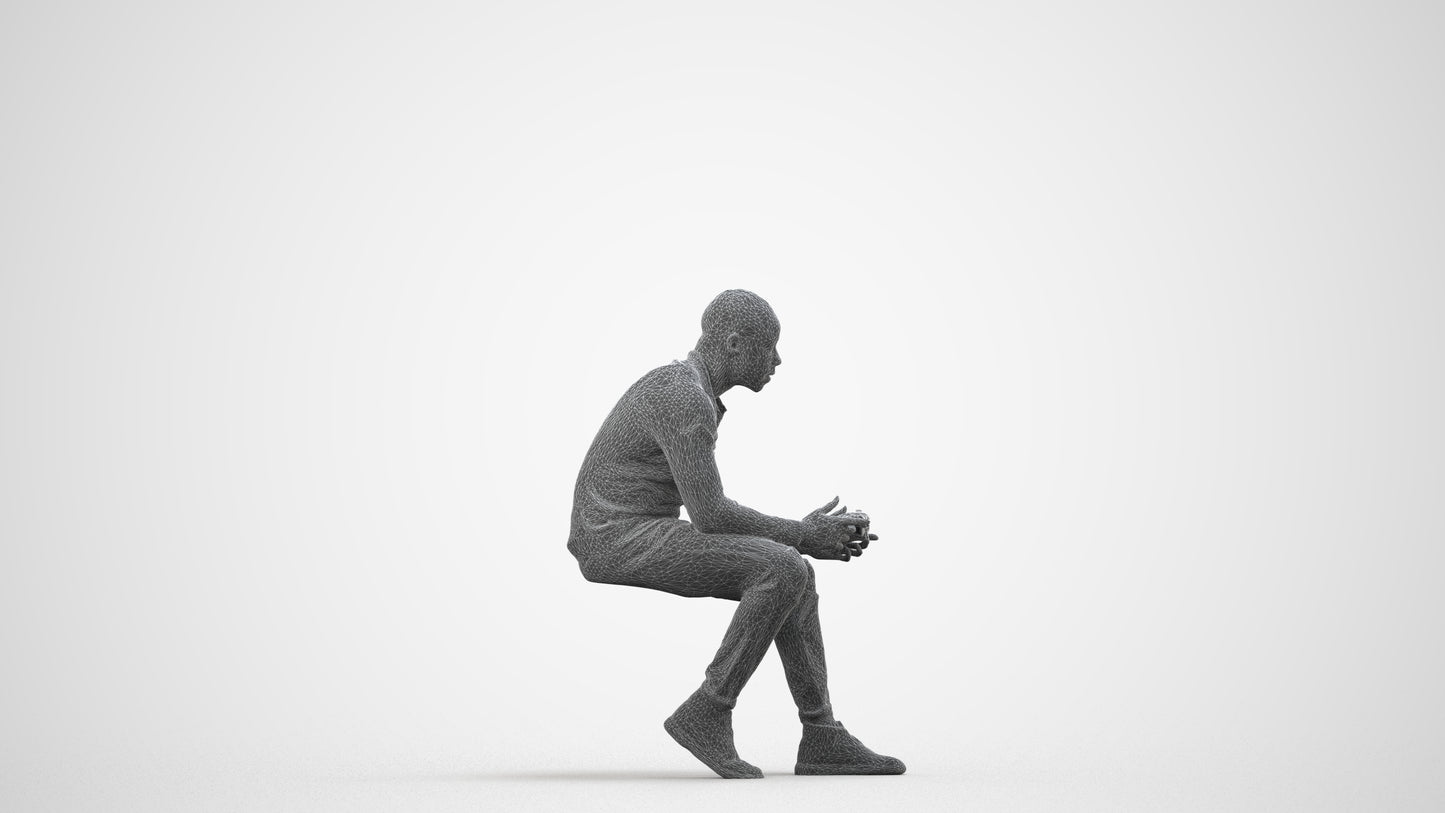 photogrammetry 3D man casual sitting, realistic human model archviz FBX, wireframe side view