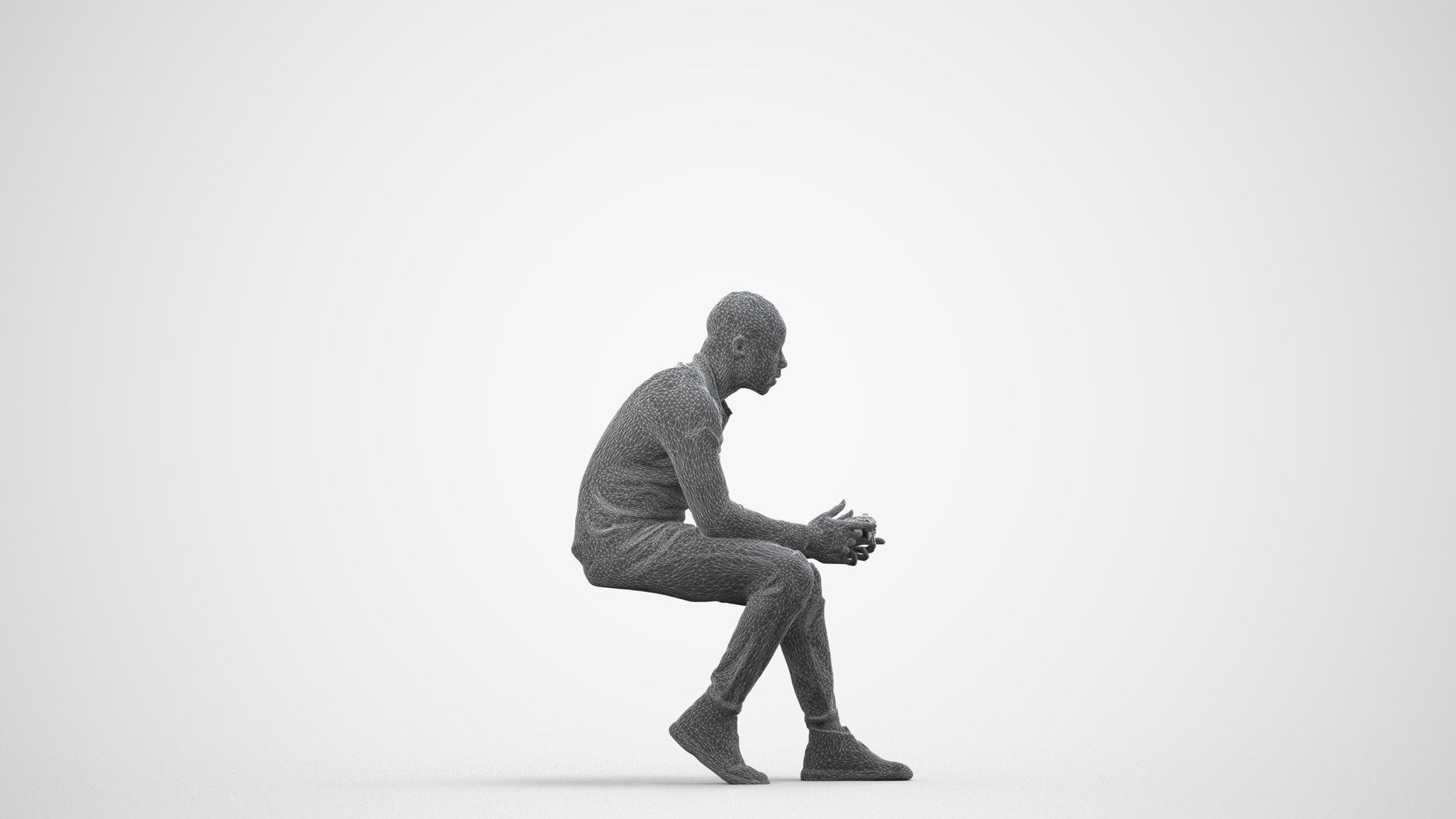 photogrammetry 3D man casual sitting, realistic human model archviz FBX, wireframe side view