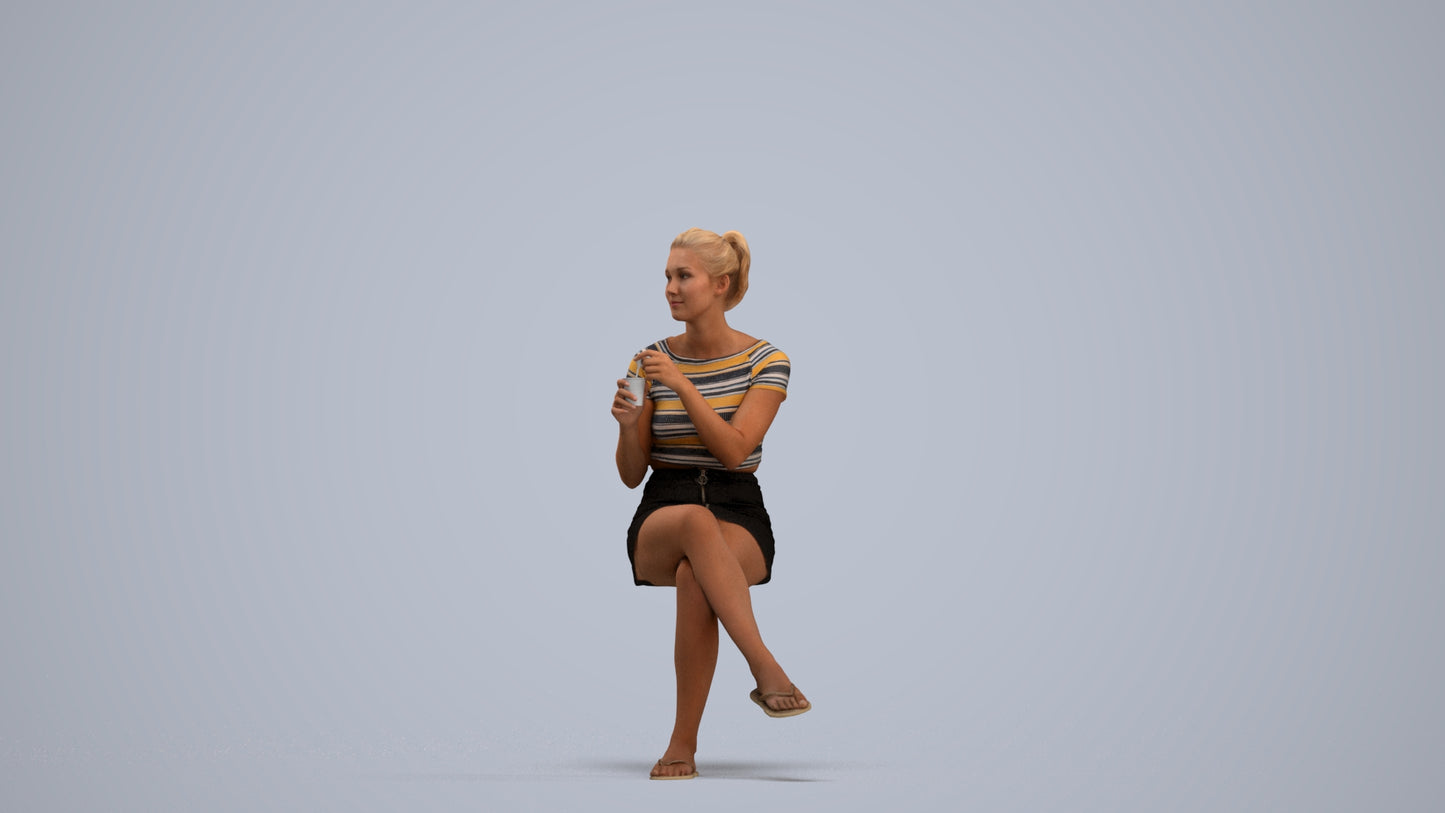 realistic 3D woman casual sitting, scanned archviz people for Blender and 3ds Max, standing pose render