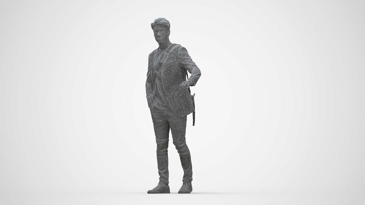3D scanned man standing casual, photorealistic archviz people for Enscape and SketchUp, wireframe back view